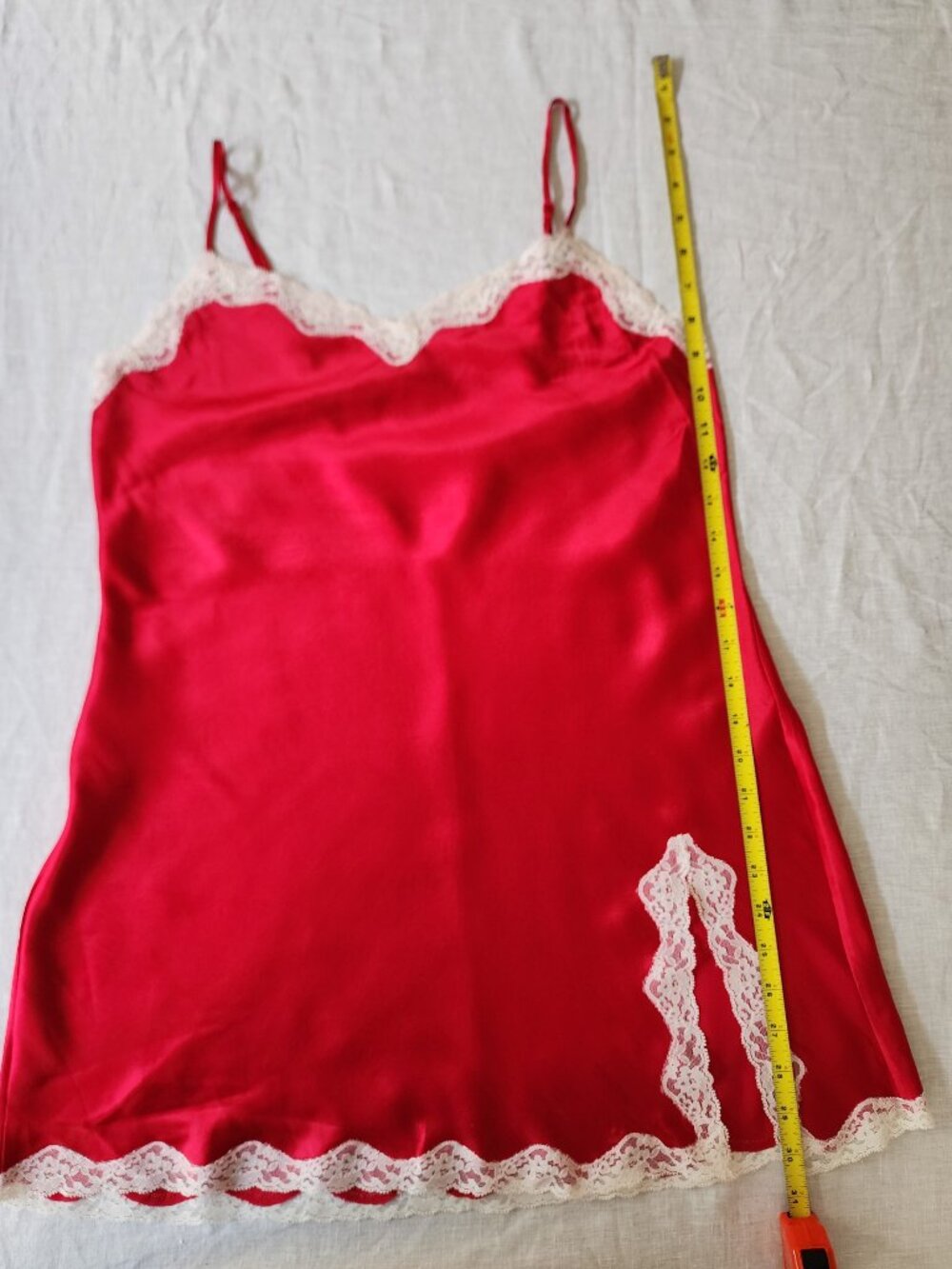 VTG Victoria’s Secret Red Satin Lace Slip Dress Medium High Thigh Slit - Picture 7 of 8